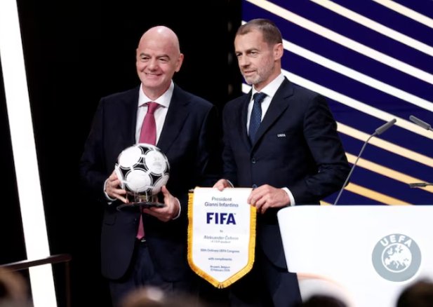 Brussels Expo, Brussels, Belgium - February 12, 2026 UEFA president Aleksander Ceferin and FIFA president Gianni Infantino pose for a photograph (Credit: Reuters)
